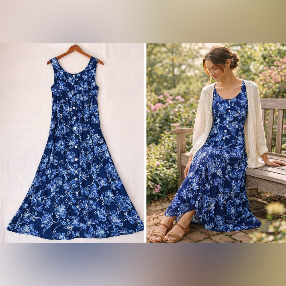 Blair Blue Floral Midi Dress S Rayon Button Front Cottagecore Resortwear Spring